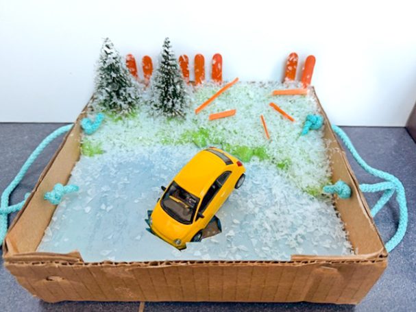 Hakims Wahnsinnsfahrt - von Julius (10) Lesekiste mit Auto, das in den zugefrorenen See einbricht